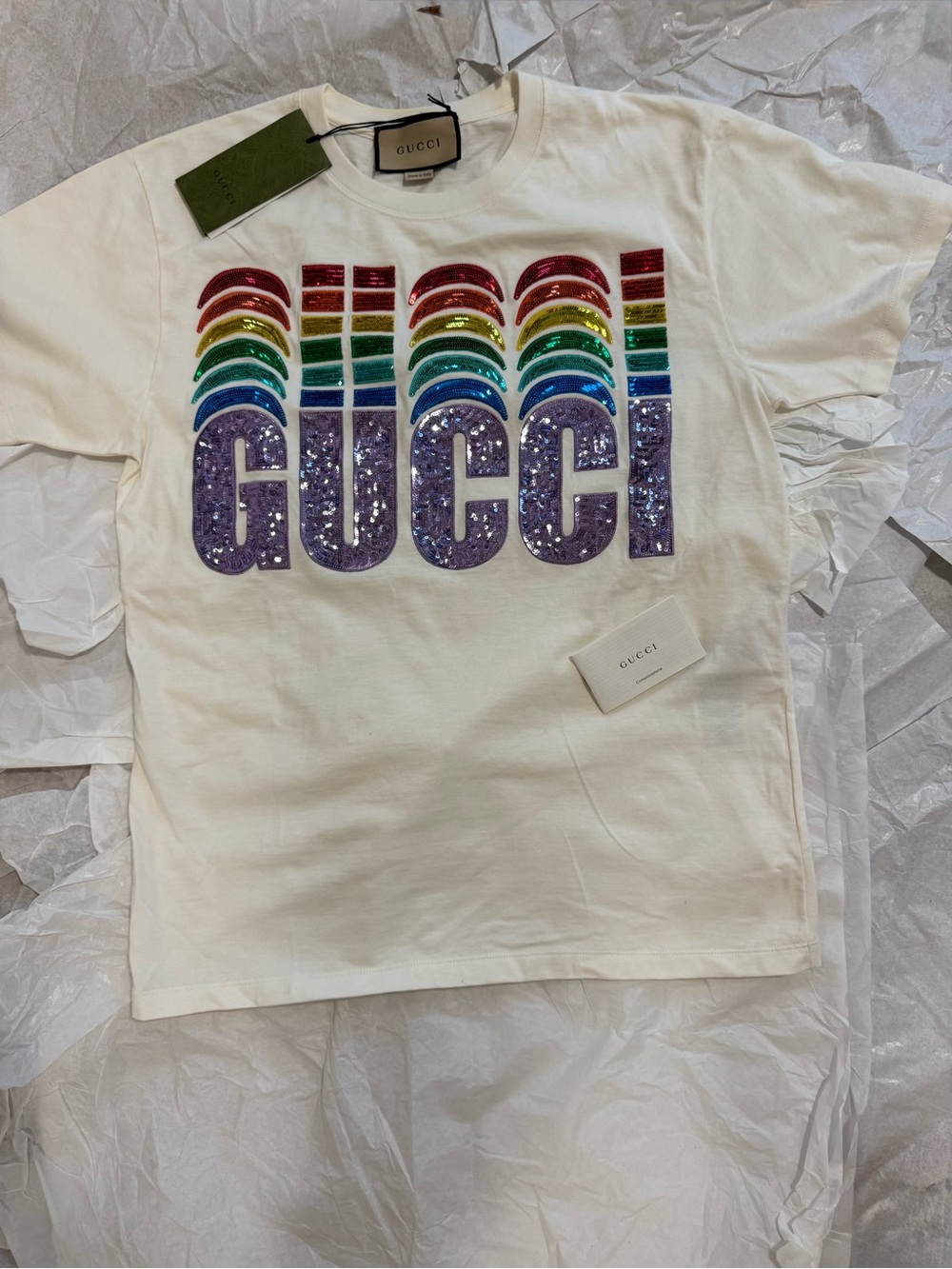 NEW Gucci Rainbow Sequin Logo T-Shirt Off White Cotton XS Made in Italy